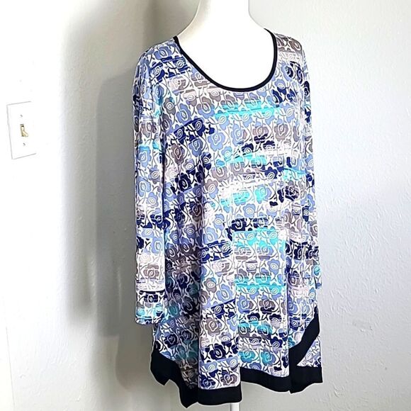 Fashion Caribe Blues & Teal Swing Tunic Top with Black Trim, Size 2X - Picture 2 of 10